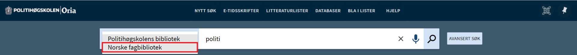 Skjermdump av søkeomfang i Oria