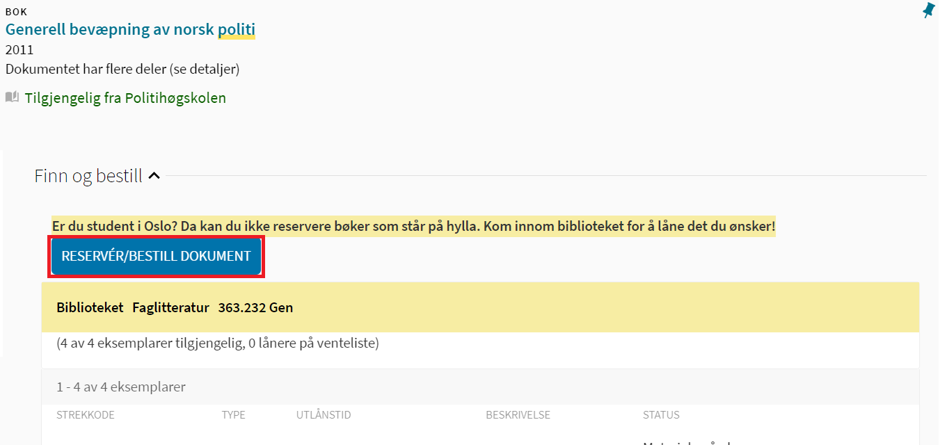 Screenshot of the button to order a book in Oria