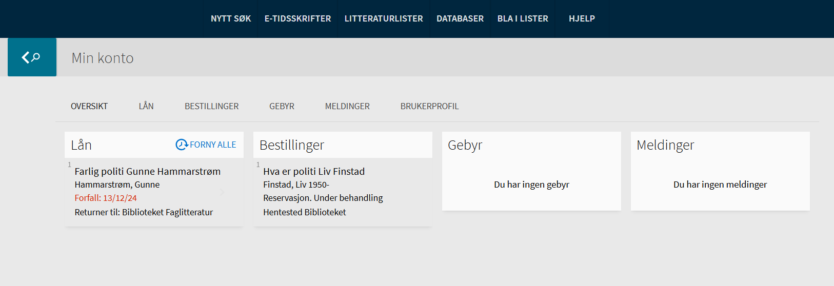 Screenshot of My Account in Oria