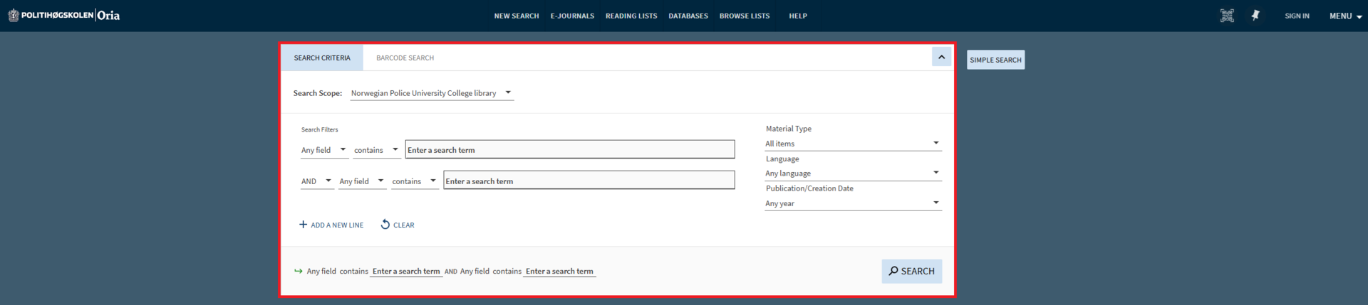 Screenshot of advanced search in Oria