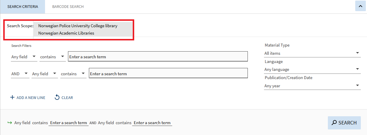 Screenshot of advanced search scope in Oria