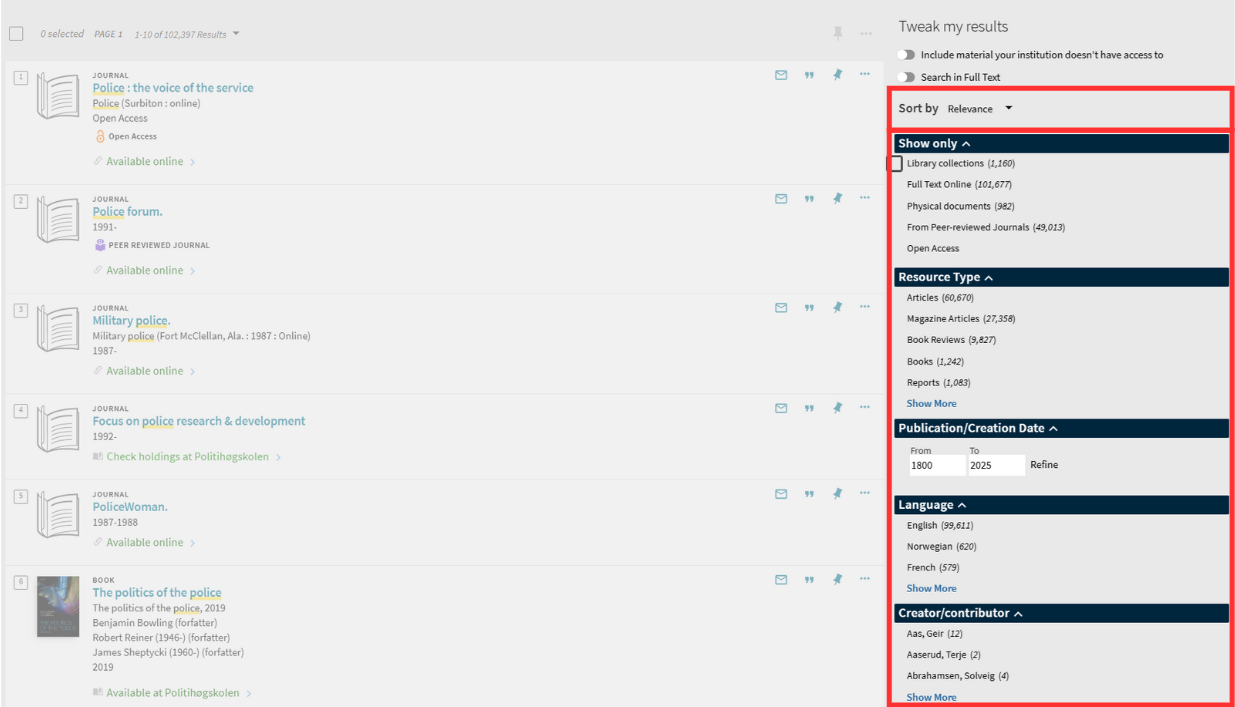 Screenshot of result list and side menu in Oria