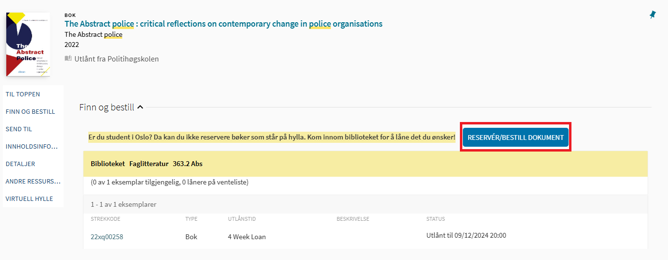 Screenshot of the button to order a book in Oria