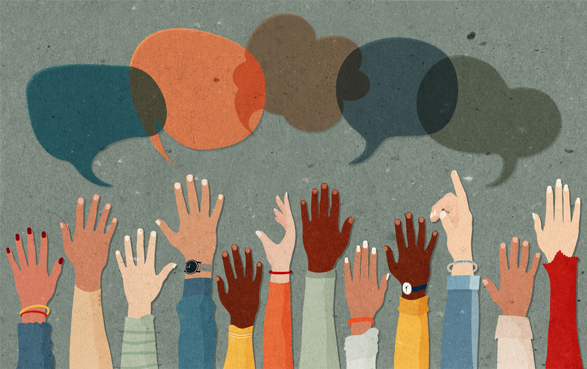 The photo is an illustartion of hands reaching up and speech bubbles