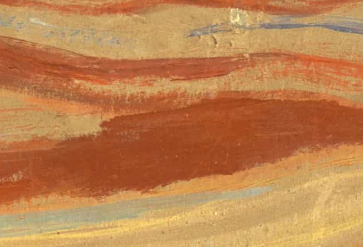 Bilde av utsnitt av Skrik, maleriet. Bølger av fargene brunt og gult. 