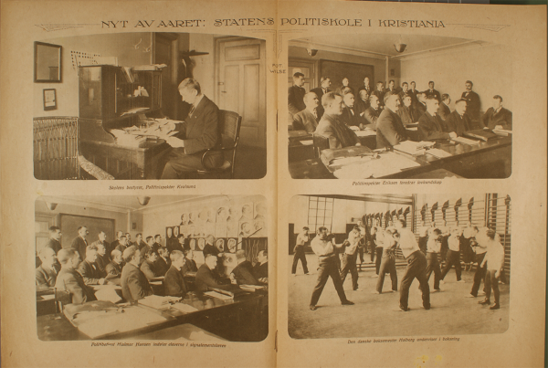 Bilde av Magasinet Vor Tid. Magasinet hadde reportasje om oppstarten av det første kurset i 1920. Her fra bilder i klasserom, under signalementundervisning, undervisning i boksing og på kontoret til skolens  bestyrer.