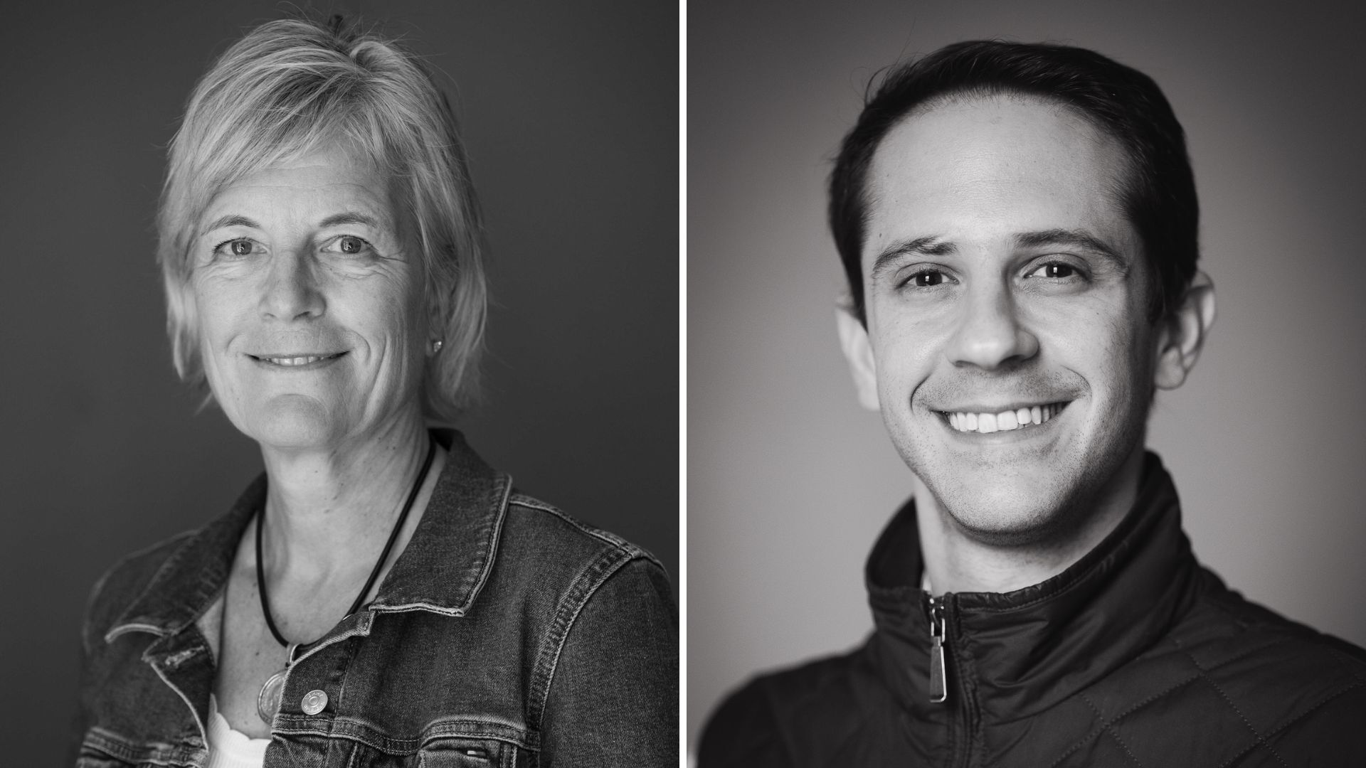 Portraits of a smiling woman and a smiling man, both in black and white